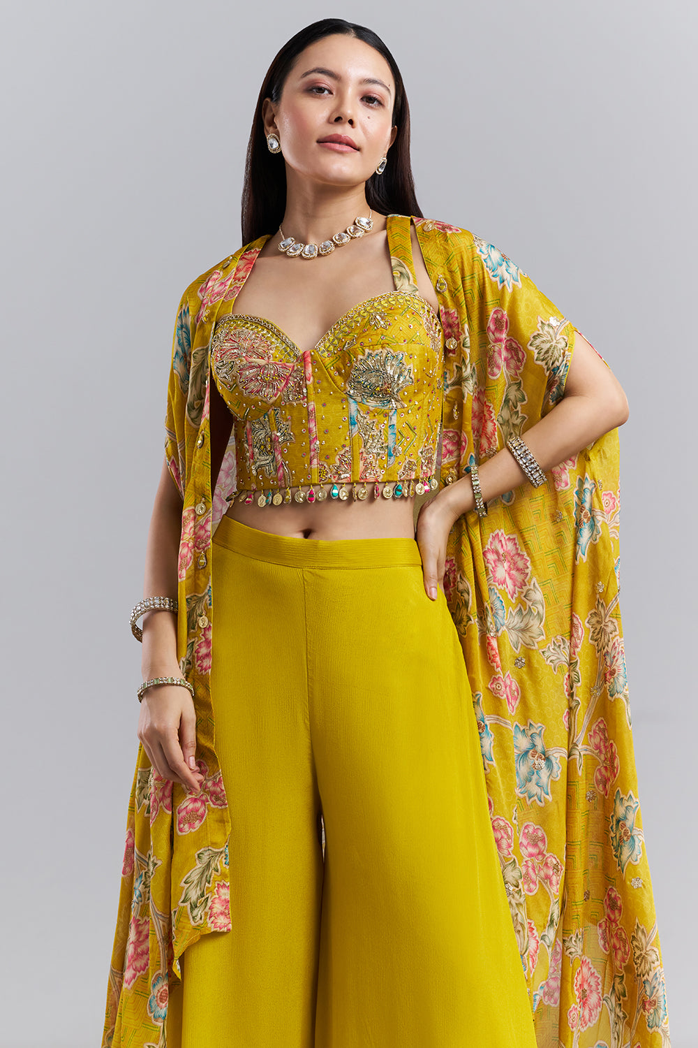 Mustard Yellow Embellished Bralette Palazzo Set with Floral Printed Cape