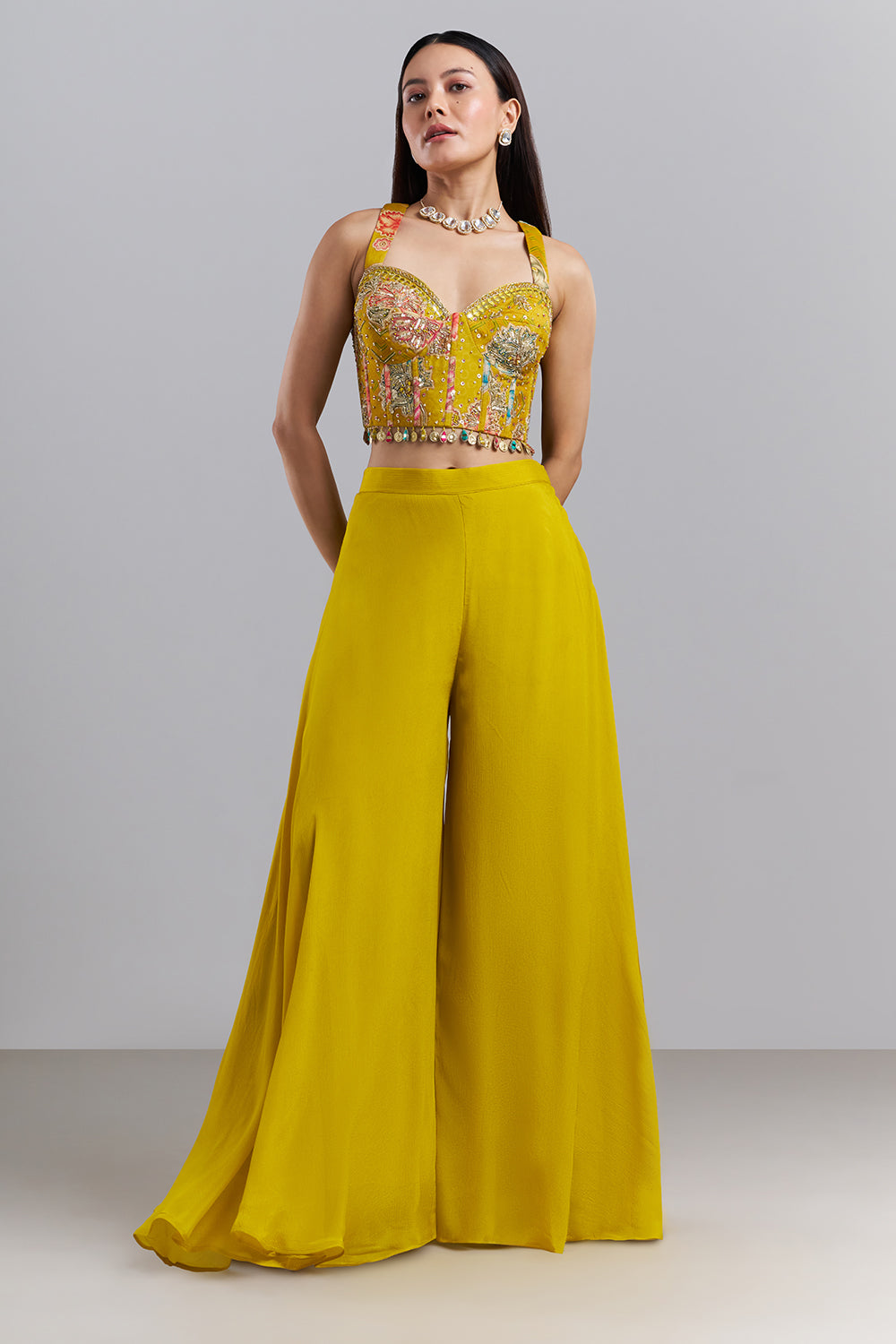 Mustard Yellow Embellished Bralette Palazzo Set with Floral Printed Cape