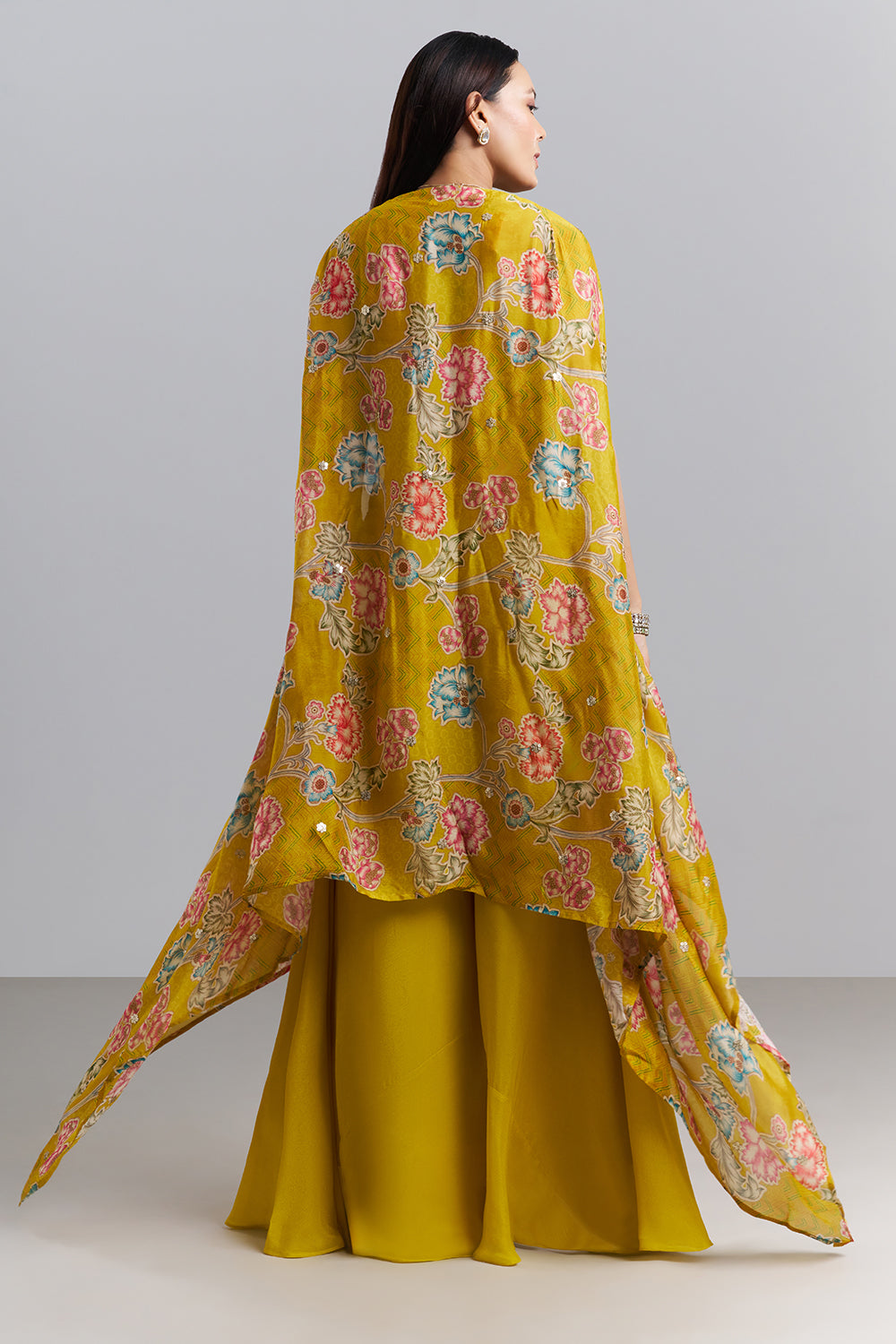 Mustard Yellow Embellished Bralette Palazzo Set with Floral Printed Cape
