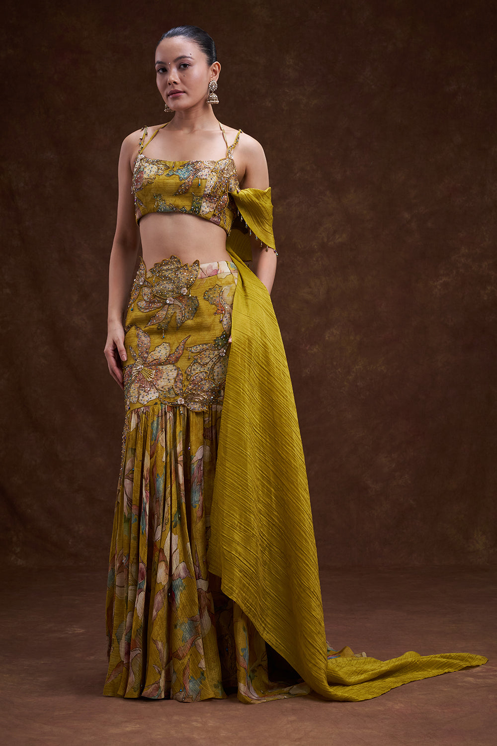 Mustard Yellow Floral Embellished Lehenga Set