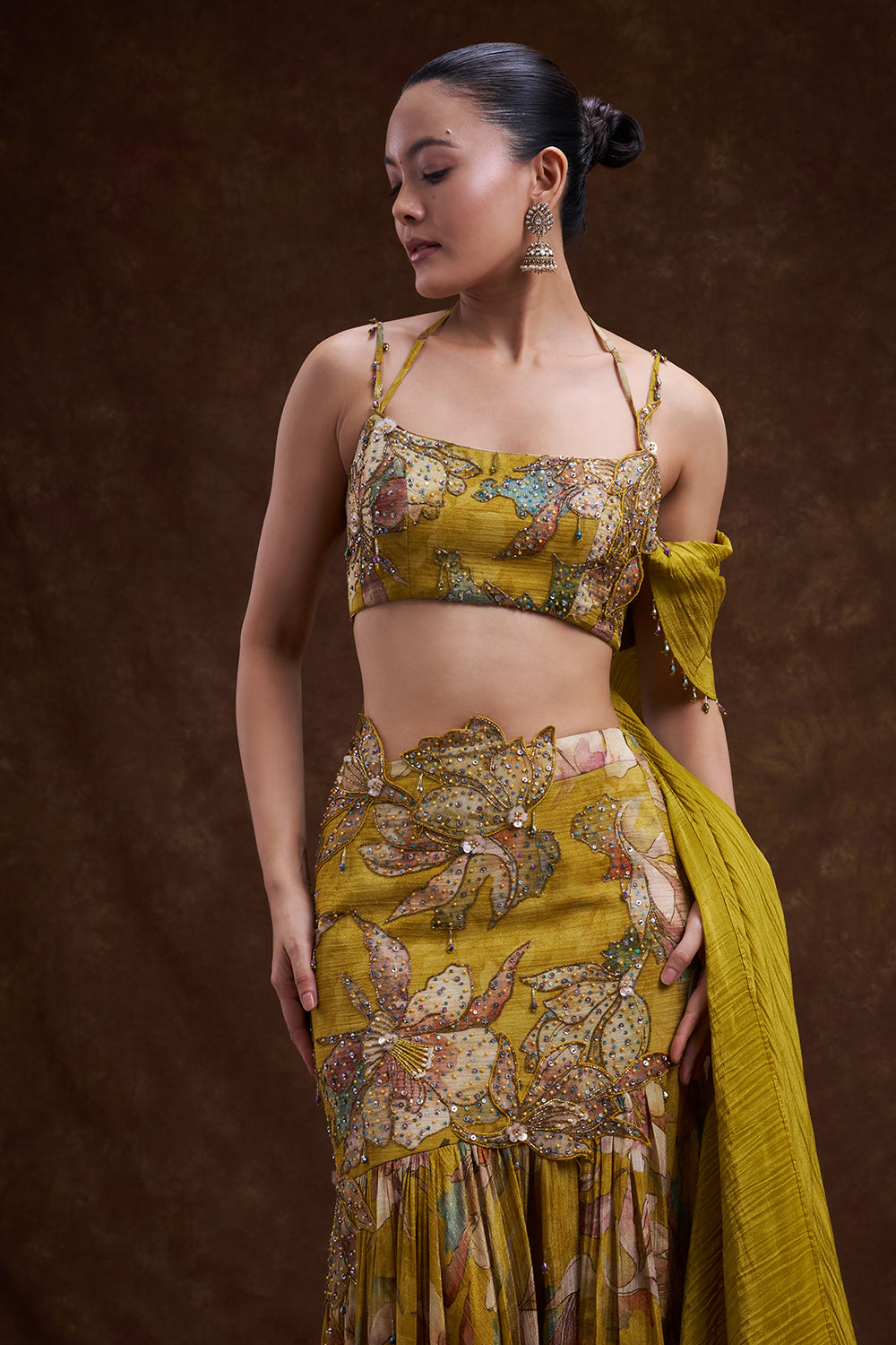 Mustard Yellow Floral Embellished Lehenga Set
