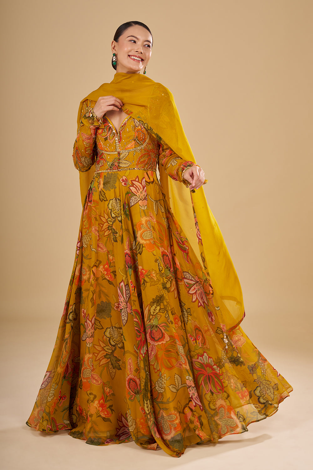 Mustard Yellow Floral Printed Organza Anarkali Set with Mirror and Sequins Embroidery