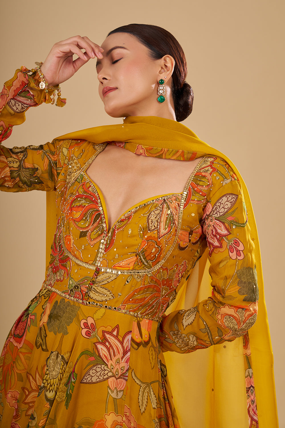 Mustard Yellow Floral Printed Organza Anarkali Set with Mirror and Sequins Embroidery