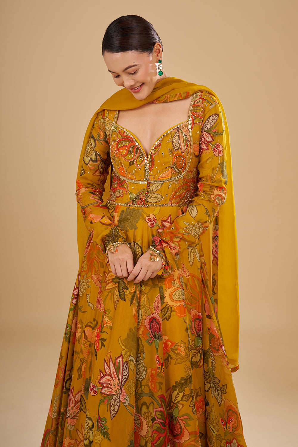 Mustard Yellow Floral Printed Organza Anarkali Set with Mirror and Sequins Embroidery