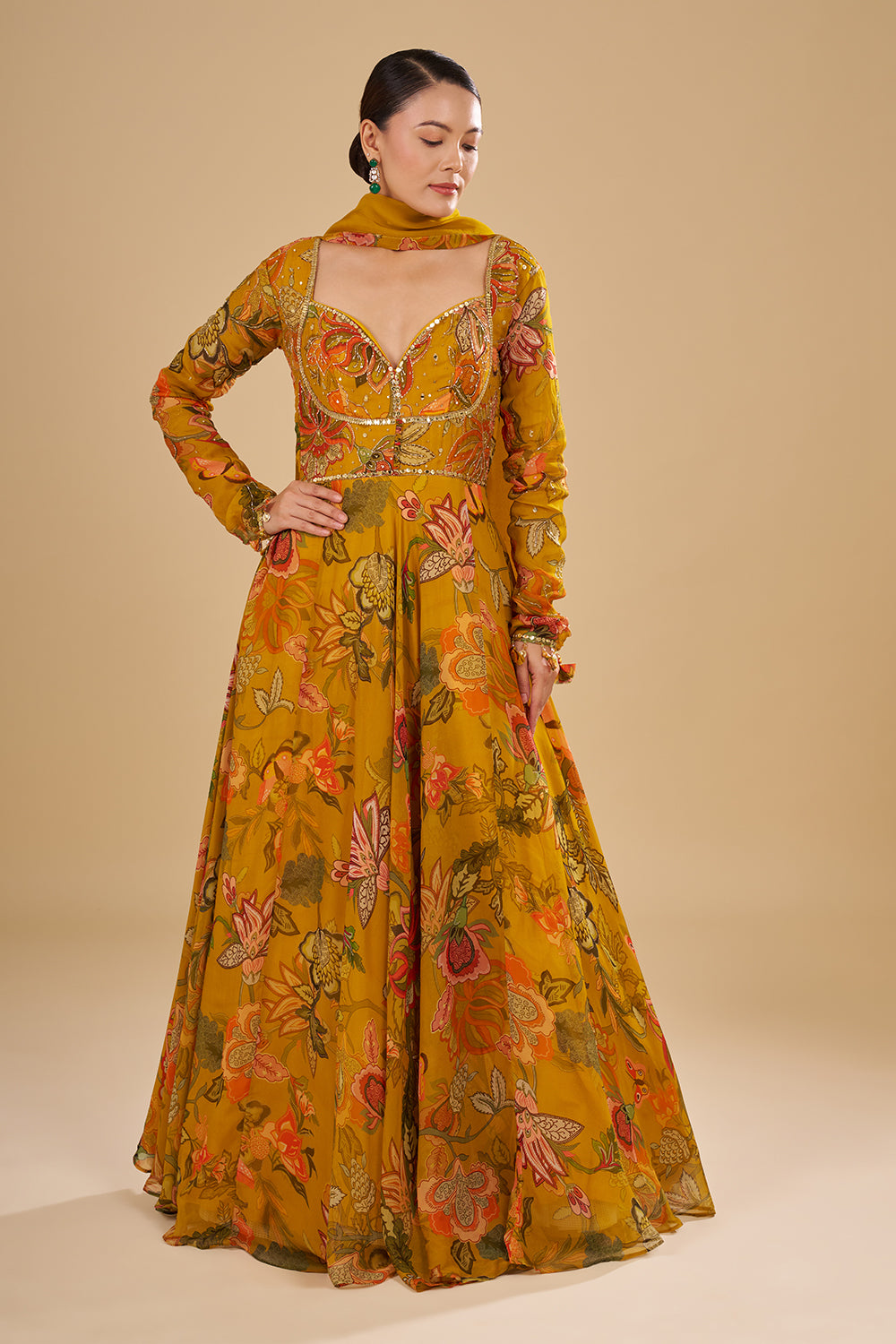 Mustard Yellow Floral Printed Organza Anarkali Set with Mirror and Sequins Embroidery