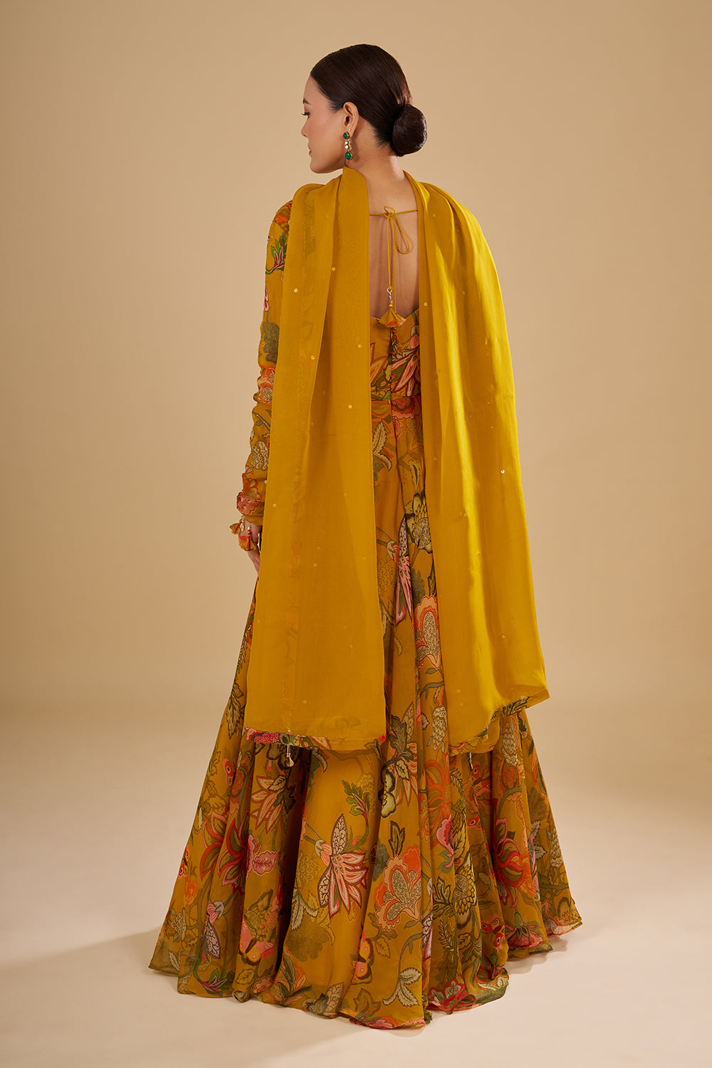 Mustard Yellow Floral Printed Organza Anarkali Set with Mirror and Sequins Embroidery