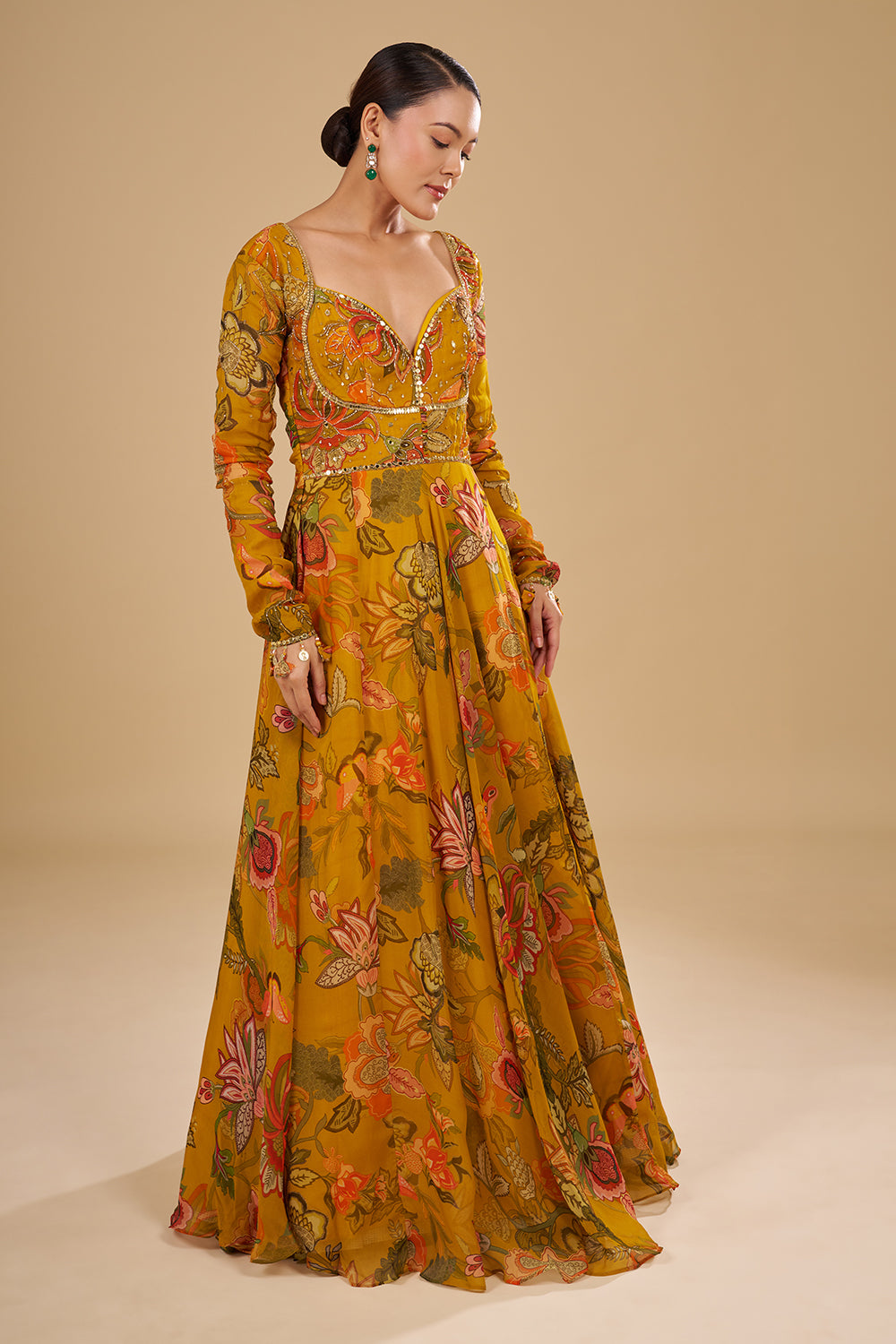 Mustard Yellow Floral Printed Organza Anarkali Set with Mirror and Sequins Embroidery