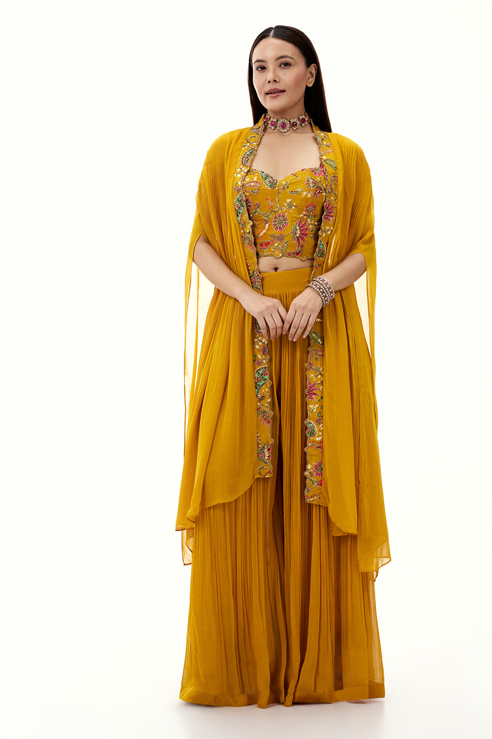 Mustard Yellow Georgette Palazzo Suit with Sequin and Bead Work