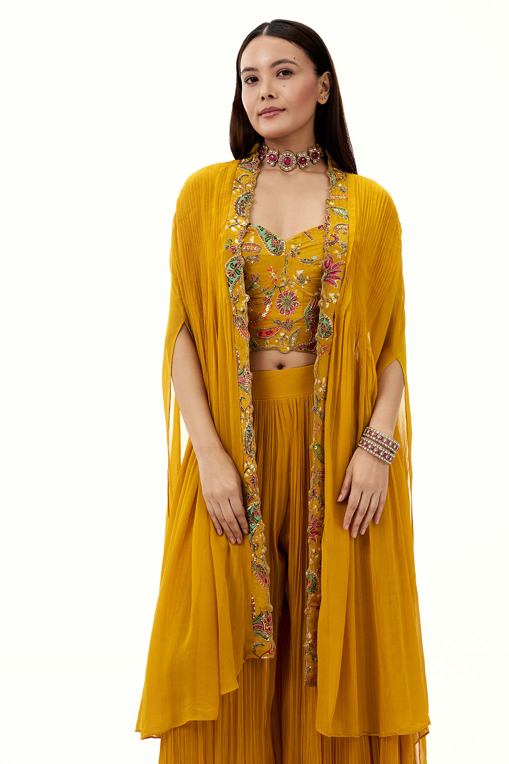 Mustard Yellow Georgette Palazzo Suit with Sequin and Bead Work