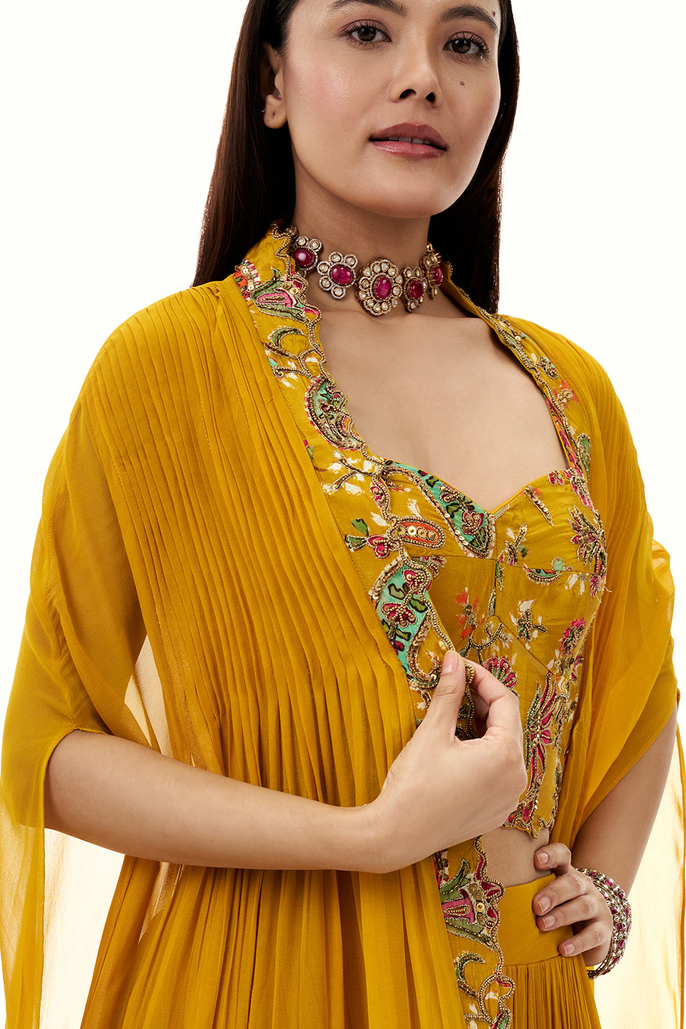 Mustard Yellow Georgette Palazzo Suit with Sequin and Bead Work