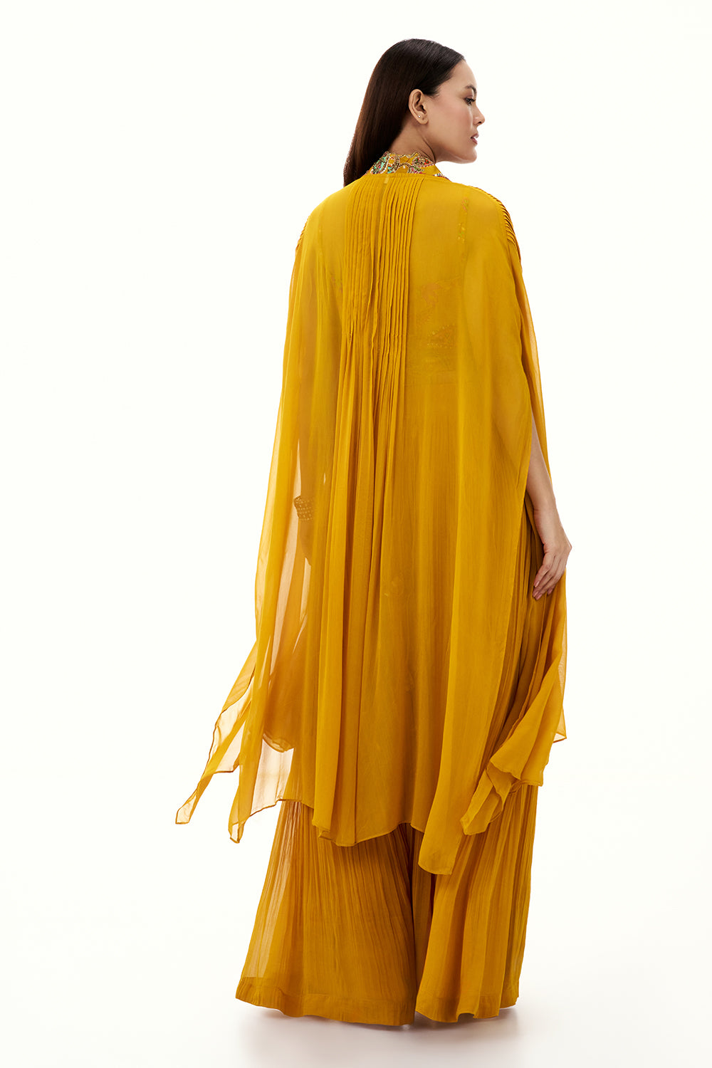 Mustard Yellow Georgette Palazzo Suit with Sequin and Bead Work