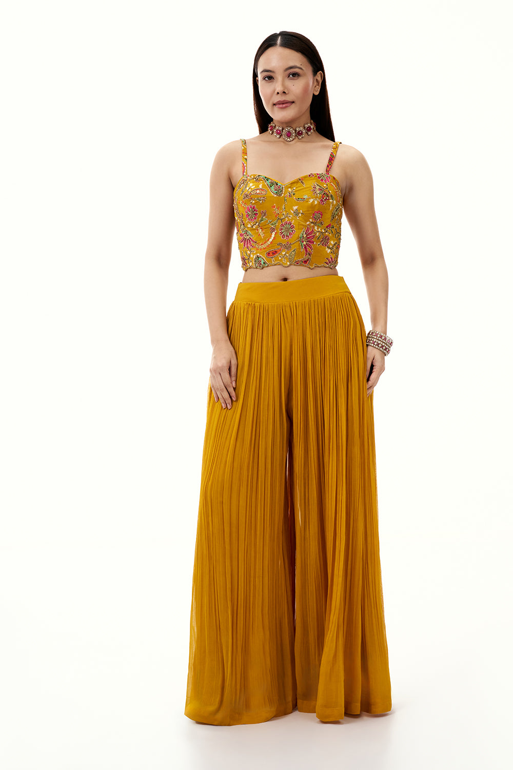 Mustard Yellow Georgette Palazzo Suit with Sequin and Bead Work