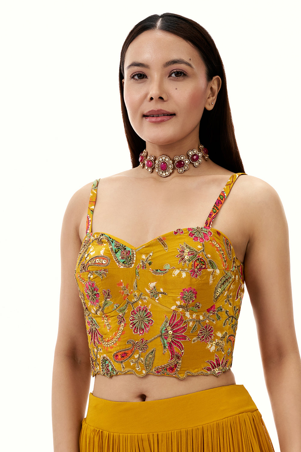 Mustard Yellow Georgette Palazzo Suit with Sequin and Bead Work