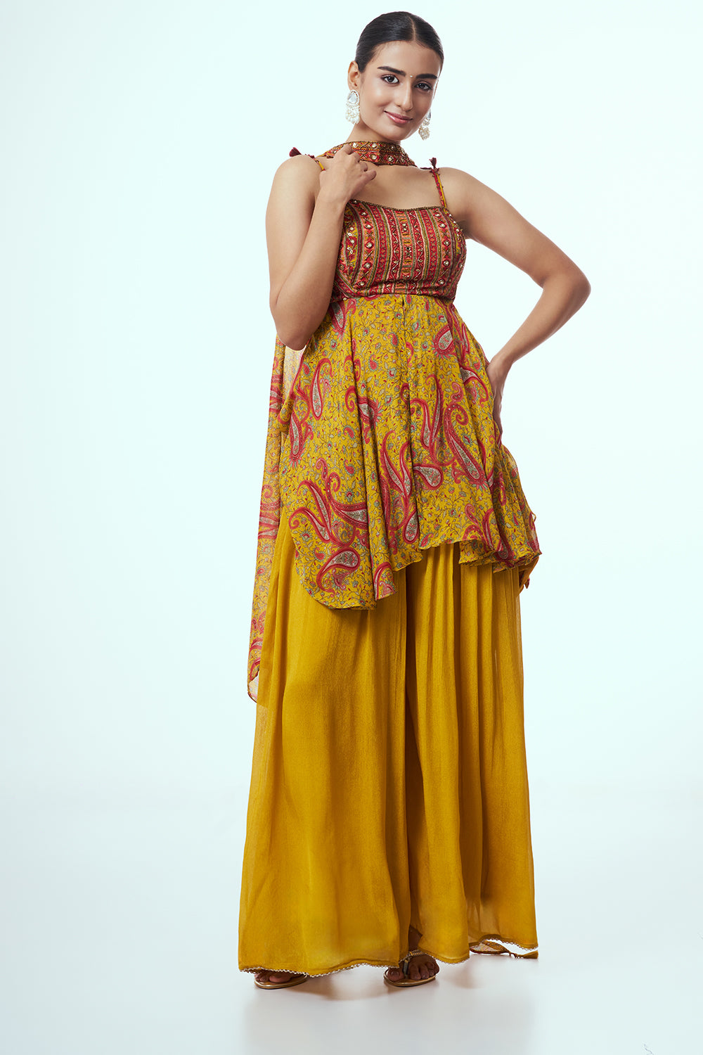 Mustard Yellow Modal Indo-Western Set with Mirror Work