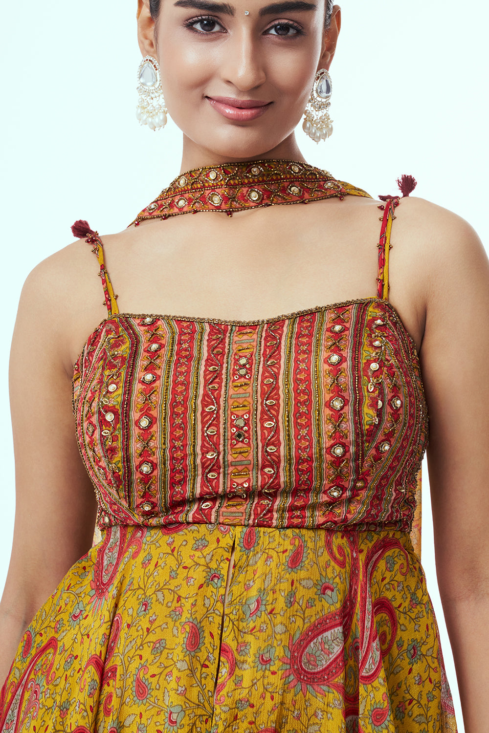 Mustard Yellow Modal Indo-Western Set with Mirror Work