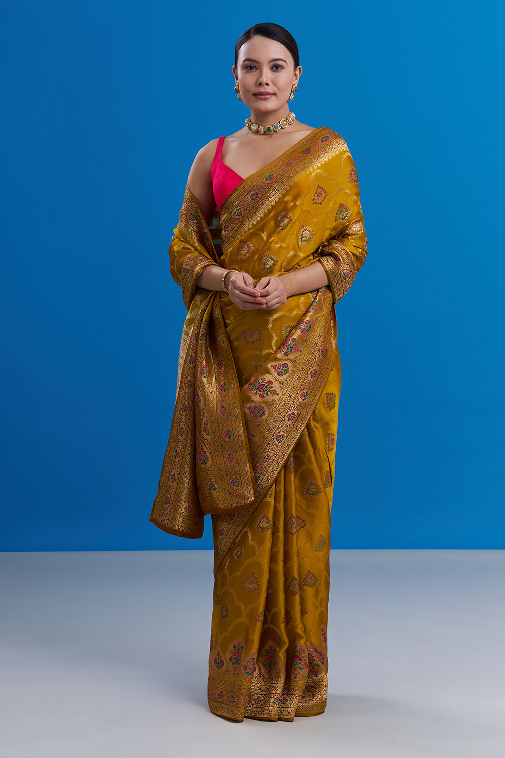 Mustard Yellow Modal Saree with Floral Motifs And Unstitched Blouse