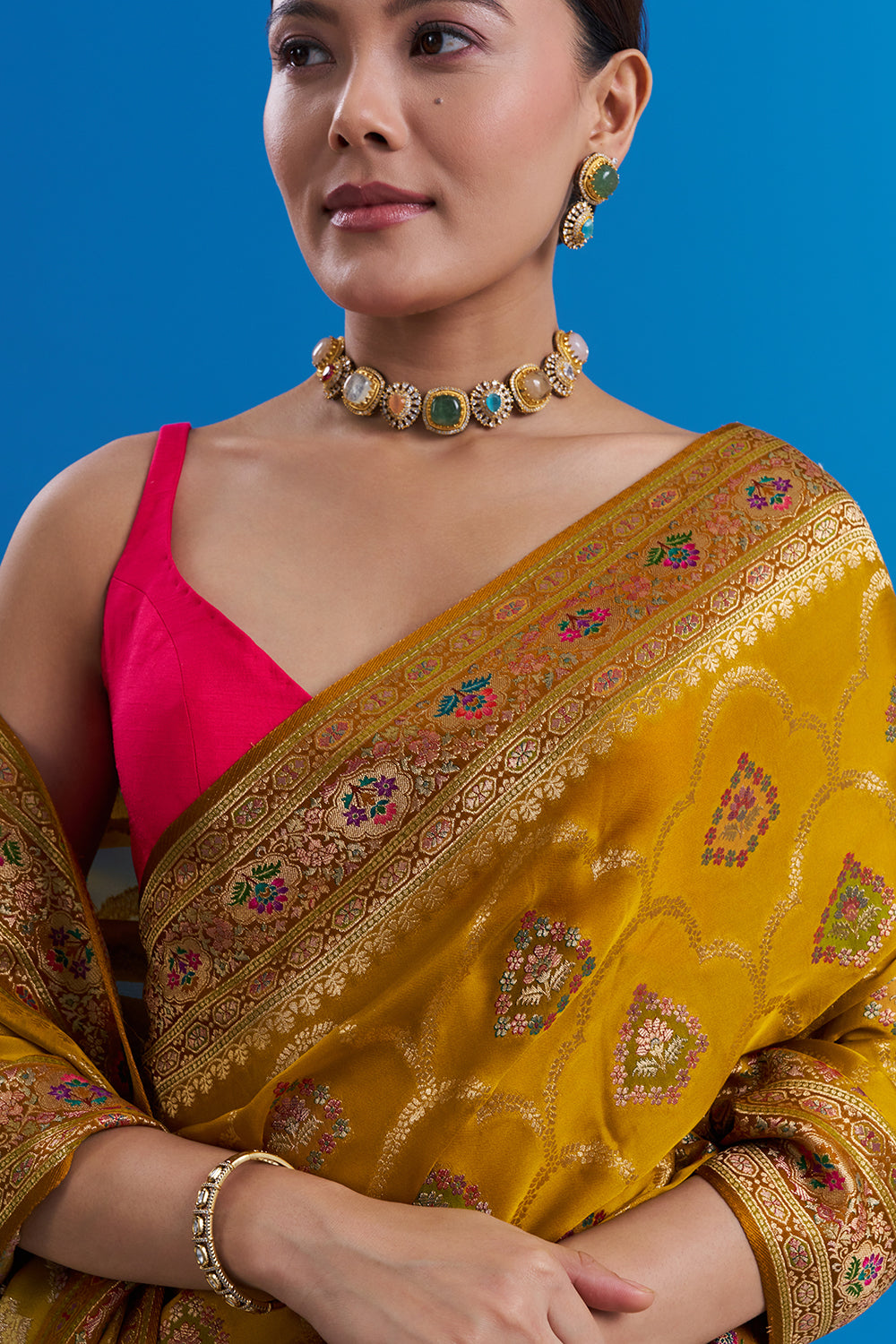 Mustard Yellow Modal Saree with Floral Motifs And Unstitched Blouse
