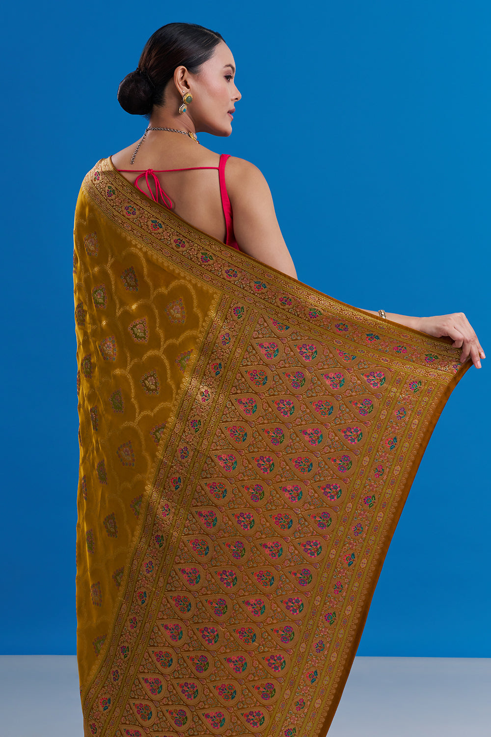 Mustard Yellow Modal Saree with Floral Motifs And Unstitched Blouse