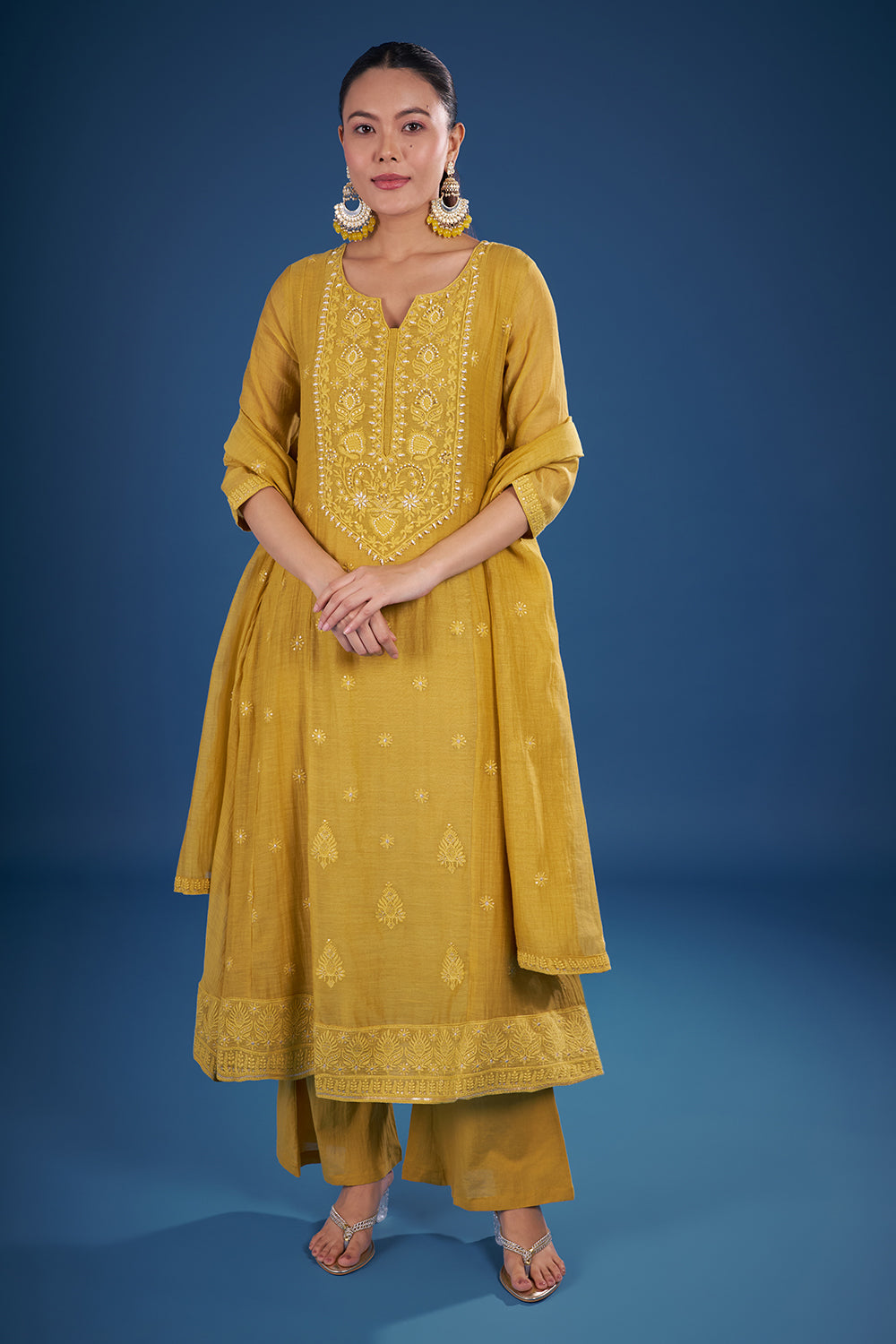 Mustard Yellow Muslin Kurta Set with Thread Embroidery