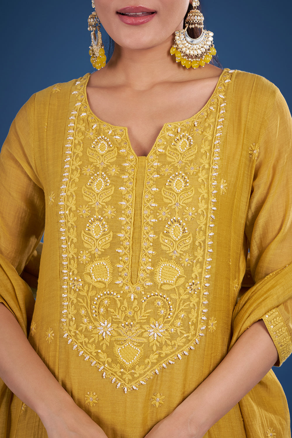 Mustard Yellow Muslin Kurta Set with Thread Embroidery