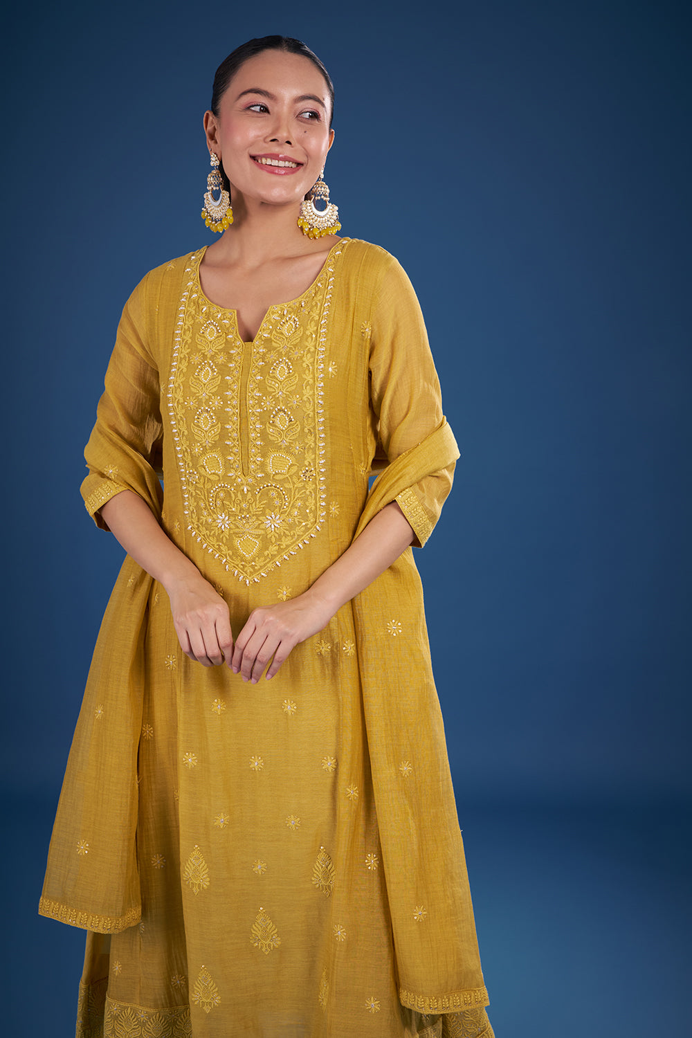 Mustard Yellow Muslin Kurta Set with Thread Embroidery