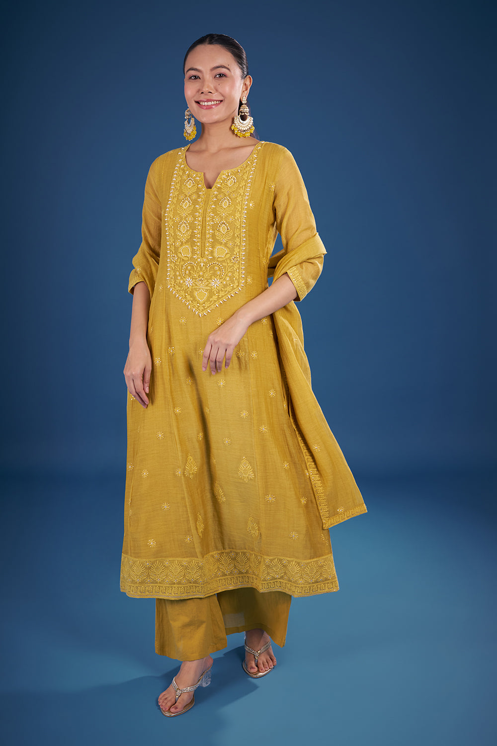 Mustard Yellow Muslin Kurta Set with Thread Embroidery