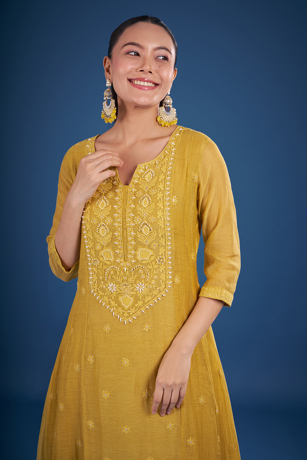 Mustard Yellow Muslin Kurta Set with Thread Embroidery