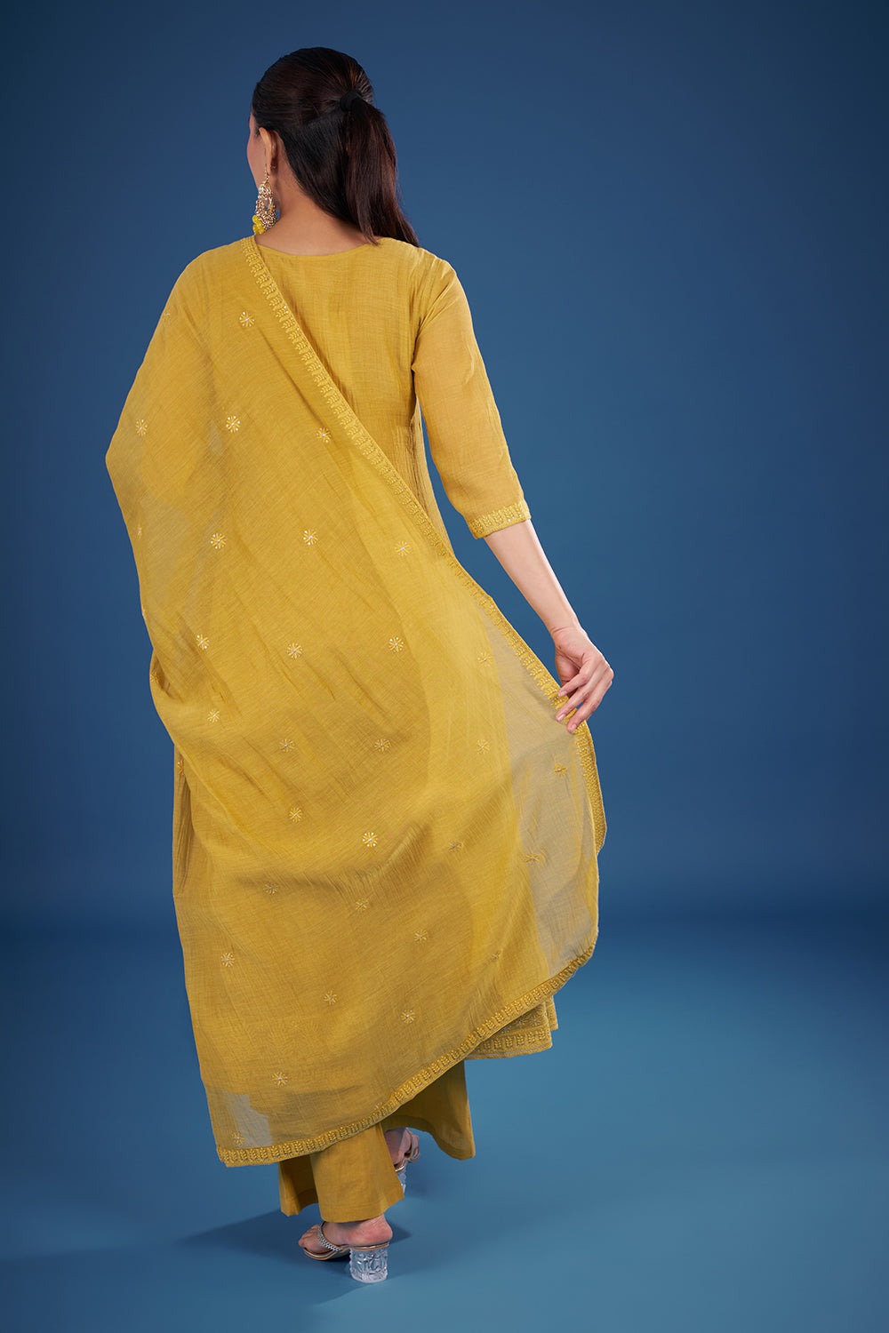 Mustard Yellow Muslin Kurta Set with Thread Embroidery