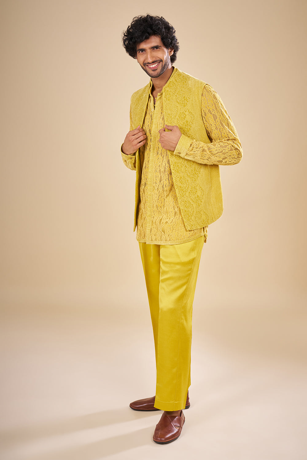 Mustard Yellow Net Floral Co-ord Set