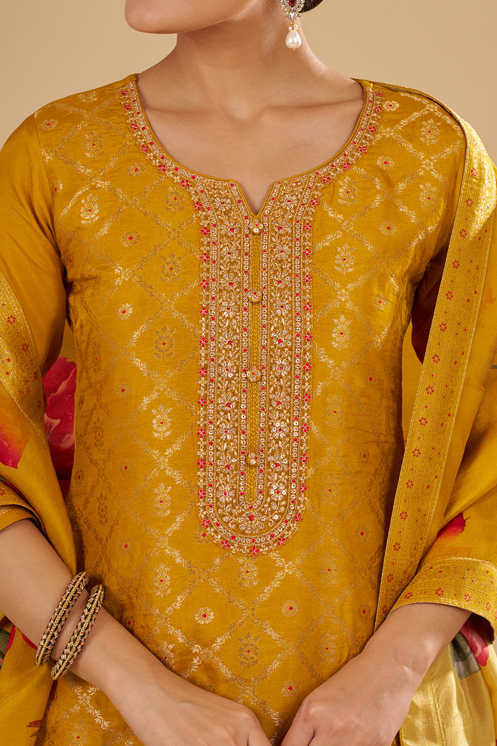 Mustard Yellow Printed Kurta Set with Embroidered Neckline