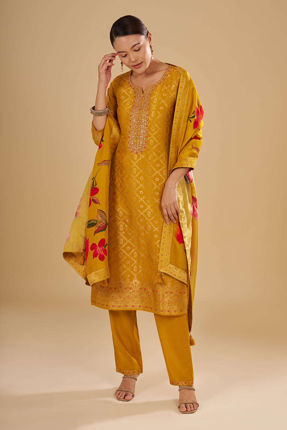 Mustard Yellow Printed Kurta Set with Embroidered Neckline
