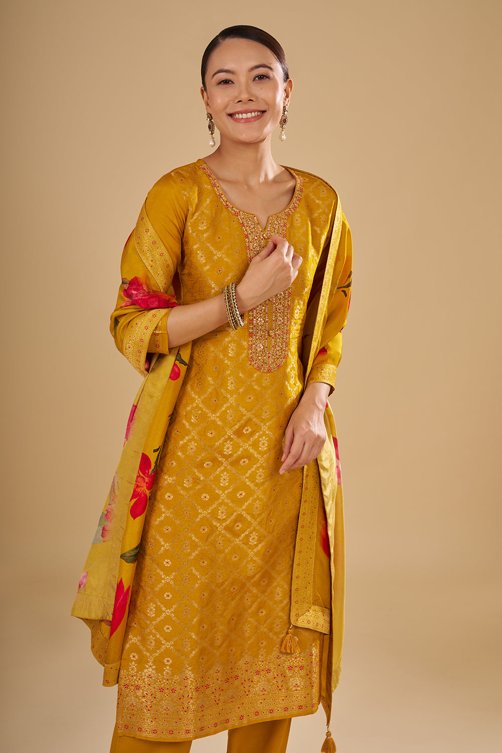 Mustard Yellow Printed Kurta Set with Embroidered Neckline