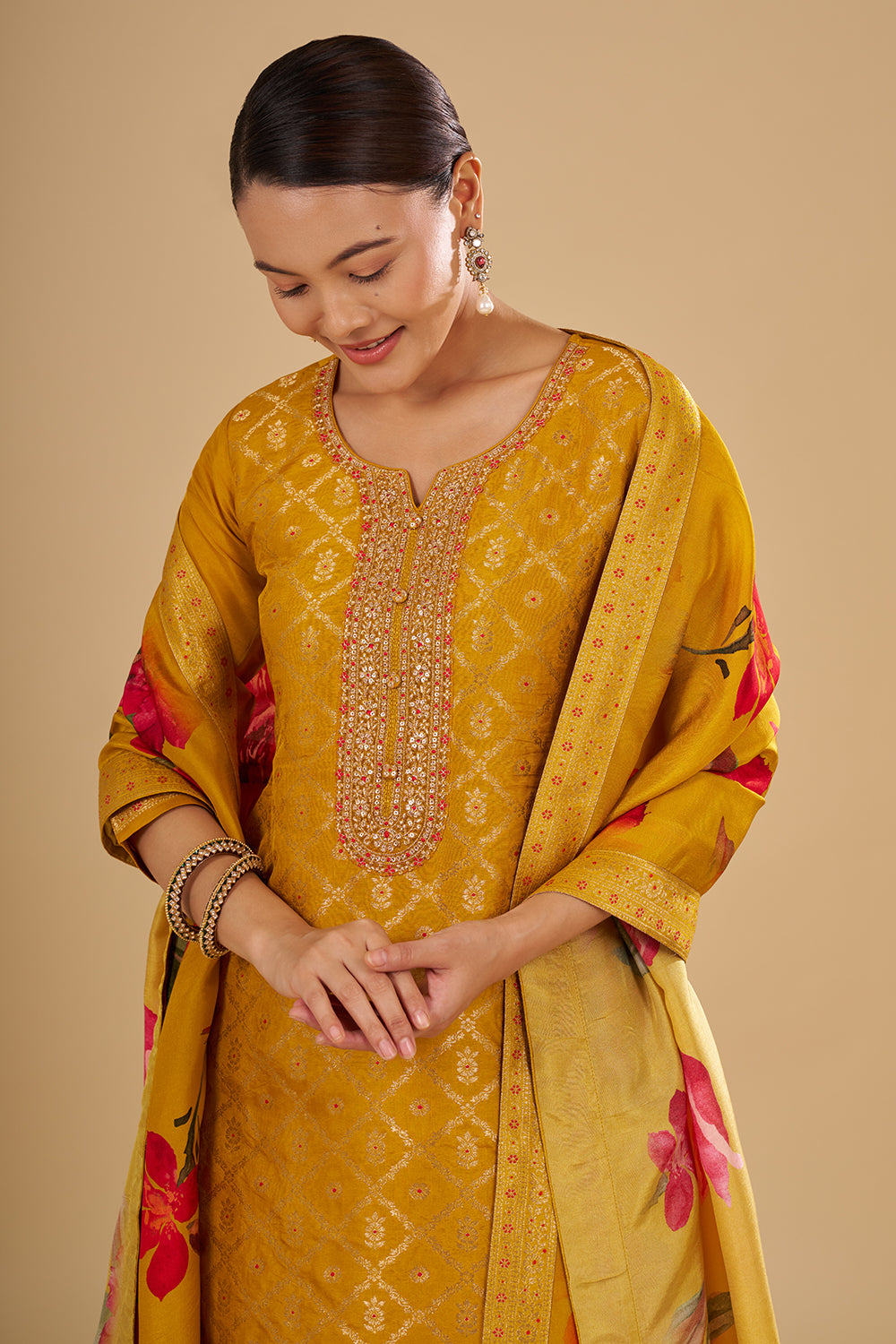 Mustard Yellow Printed Kurta Set with Embroidered Neckline