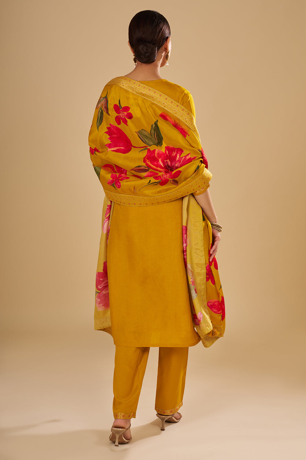 Mustard Yellow Printed Kurta Set with Embroidered Neckline
