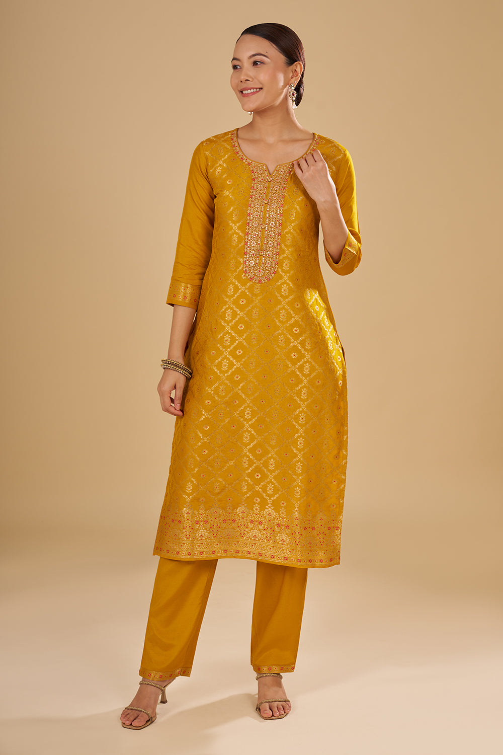 Mustard Yellow Printed Kurta Set with Embroidered Neckline