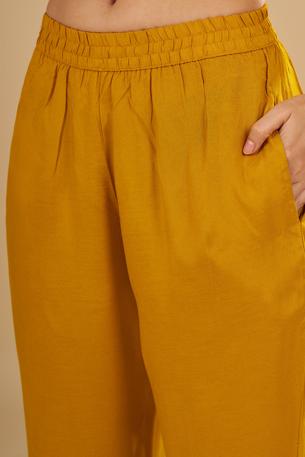 Mustard Yellow Printed Kurta Set with Embroidered Neckline