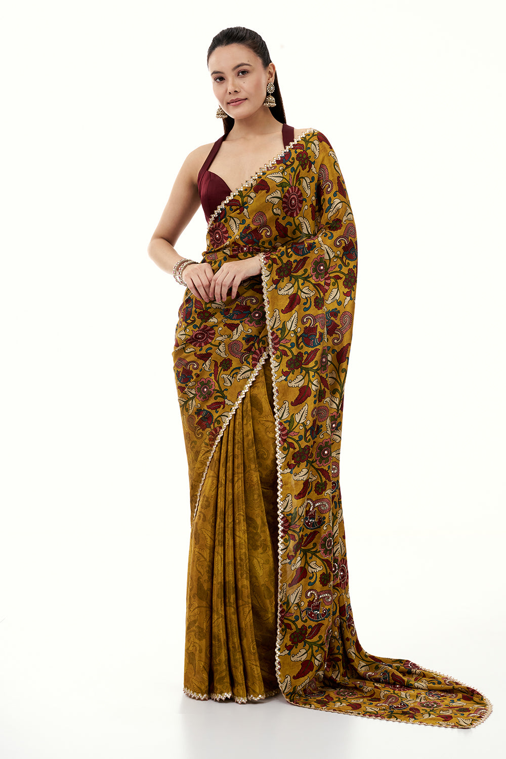 Mustard Yellow Printed Silk Woven Saree with Mirror and Zari Work