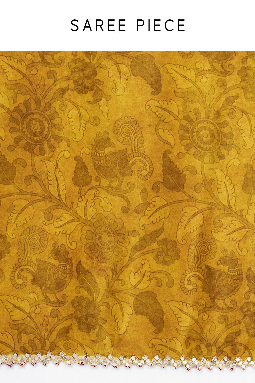Mustard Yellow Printed Silk Woven Saree with Mirror and Zari Work