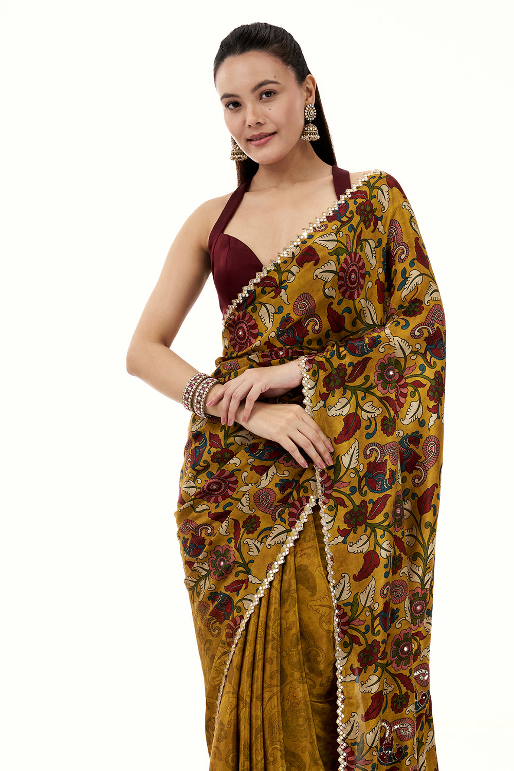 Mustard Yellow Printed Silk Woven Saree with Mirror and Zari Work