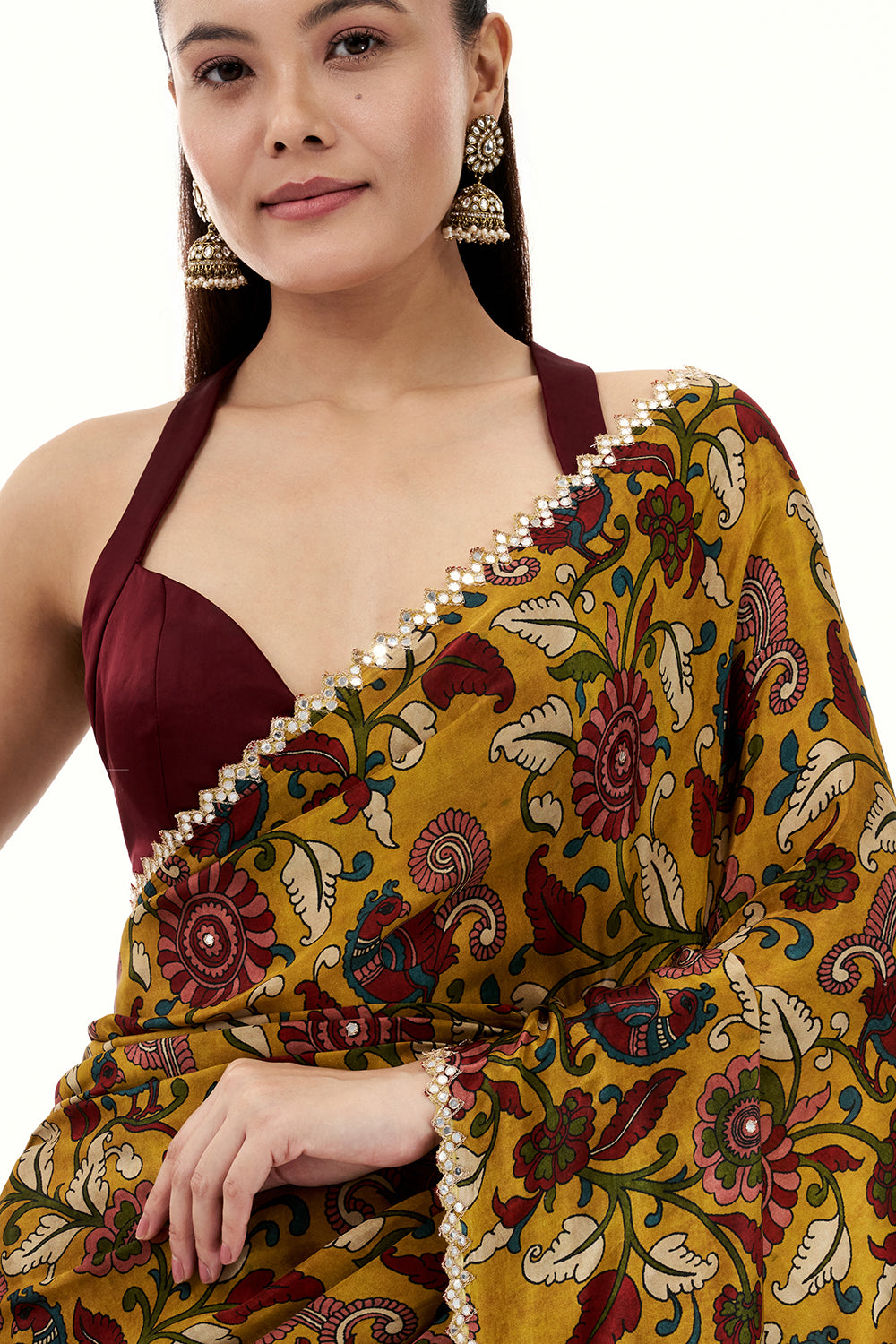 Mustard Yellow Printed Silk Woven Saree with Mirror and Zari Work