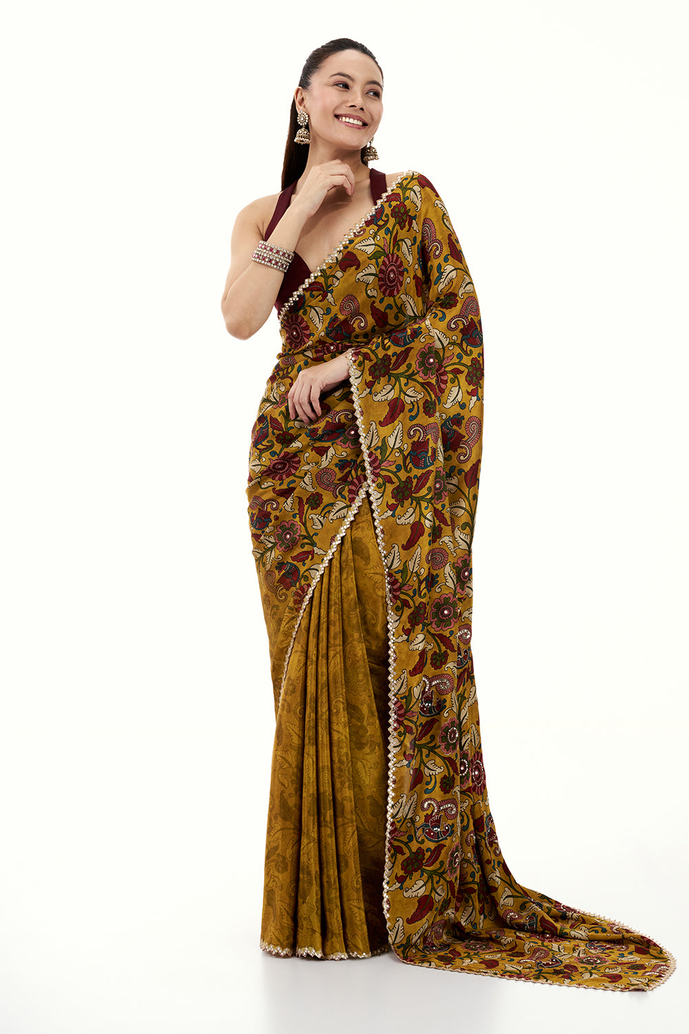Mustard Yellow Printed Silk Woven Saree with Mirror and Zari Work