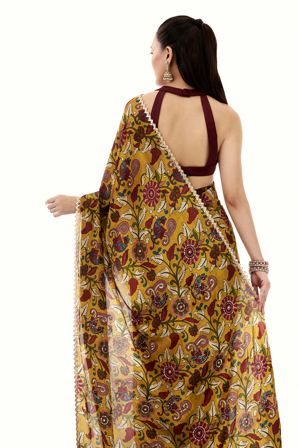 Mustard Yellow Printed Silk Woven Saree with Mirror and Zari Work