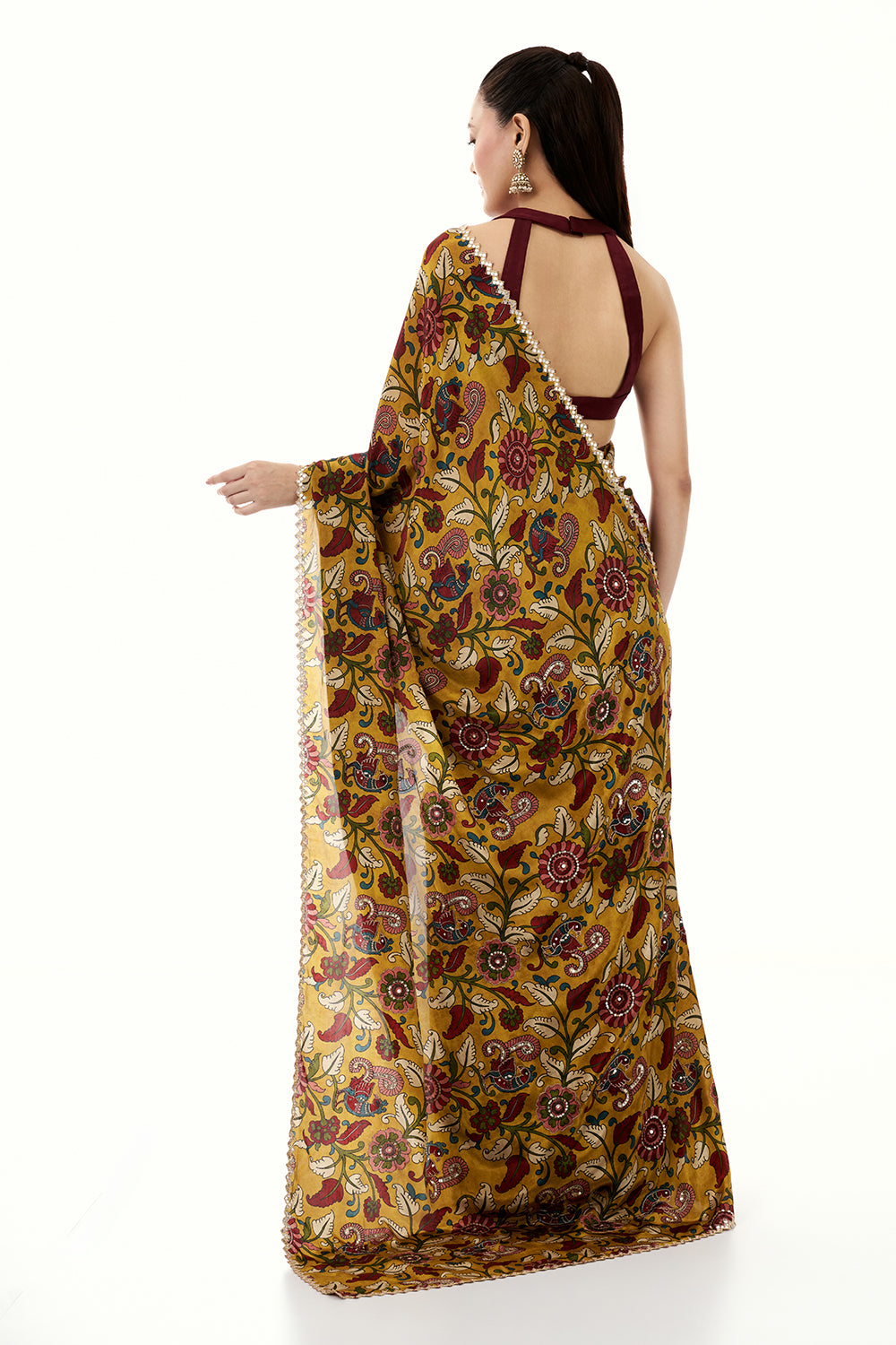 Mustard Yellow Printed Silk Woven Saree with Mirror and Zari Work