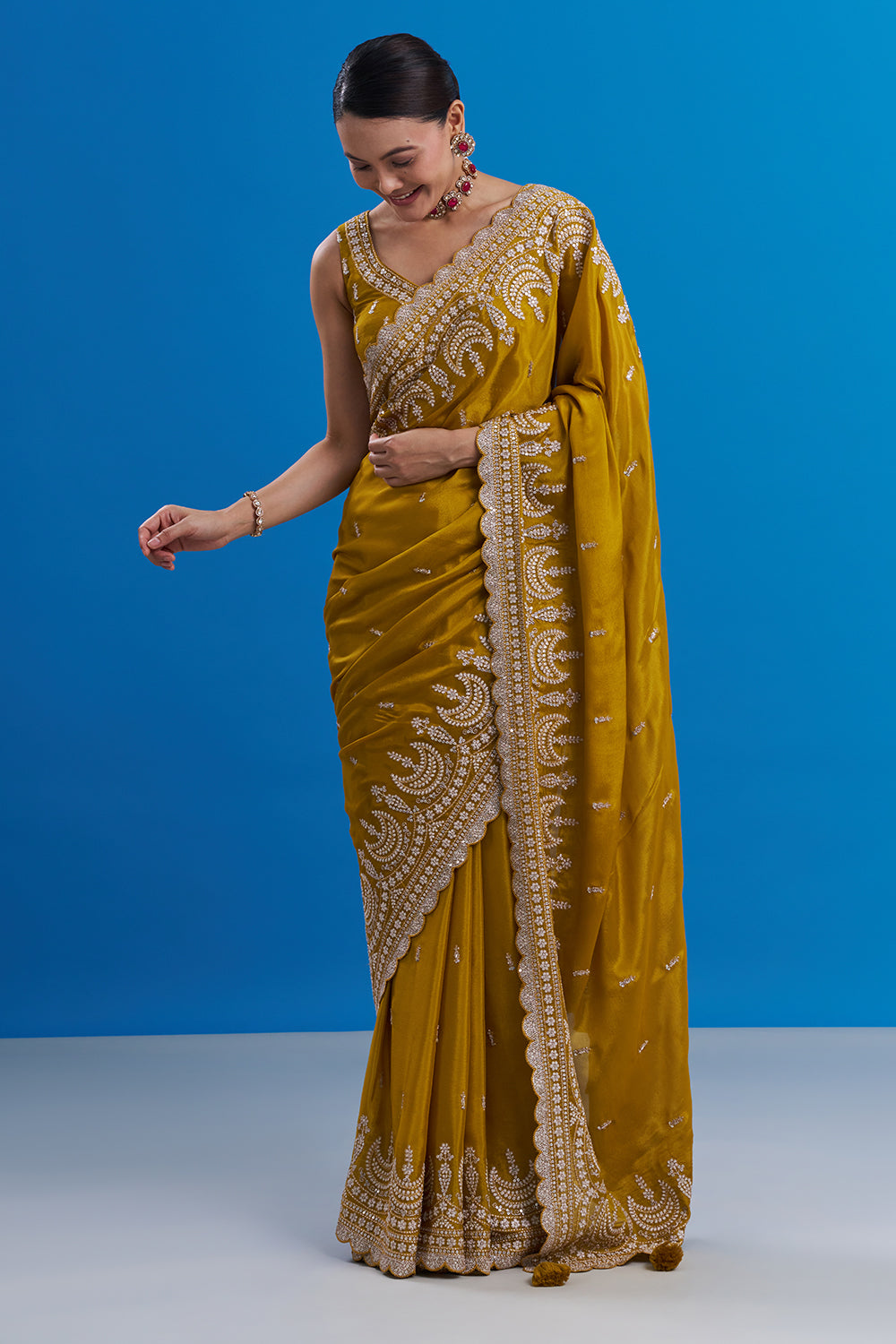 Mustard Yellow Pure Chiffon Saree with Sequin Embroidery And Stitched Blouse