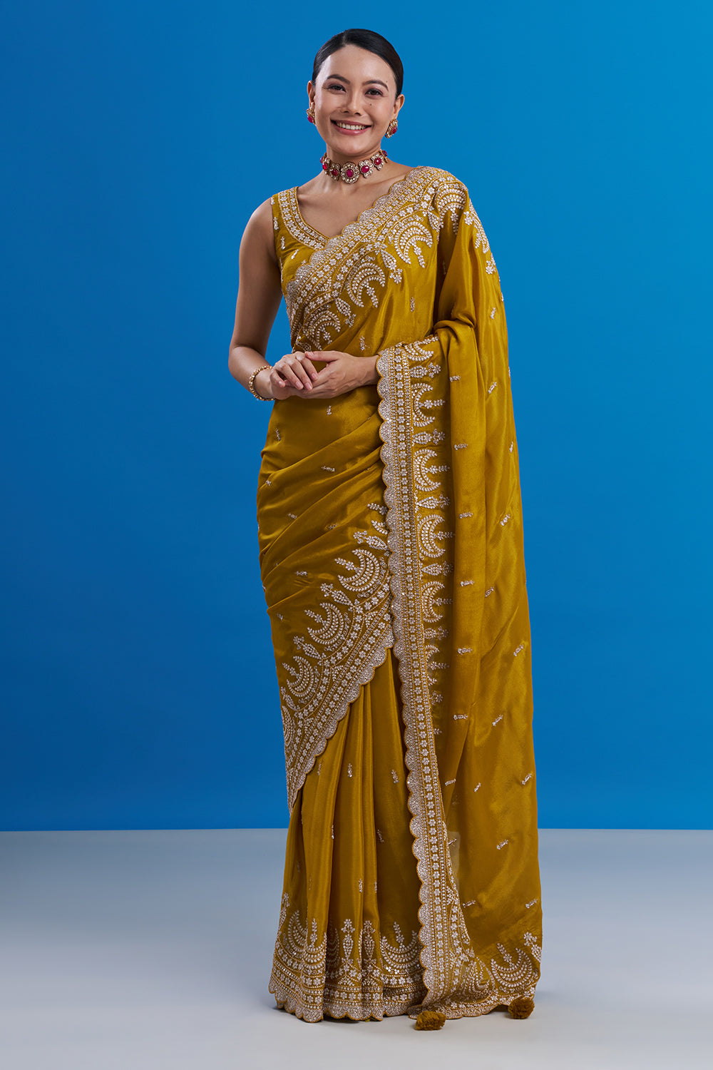 Mustard Yellow Pure Chiffon Saree with Sequin Embroidery And Stitched Blouse