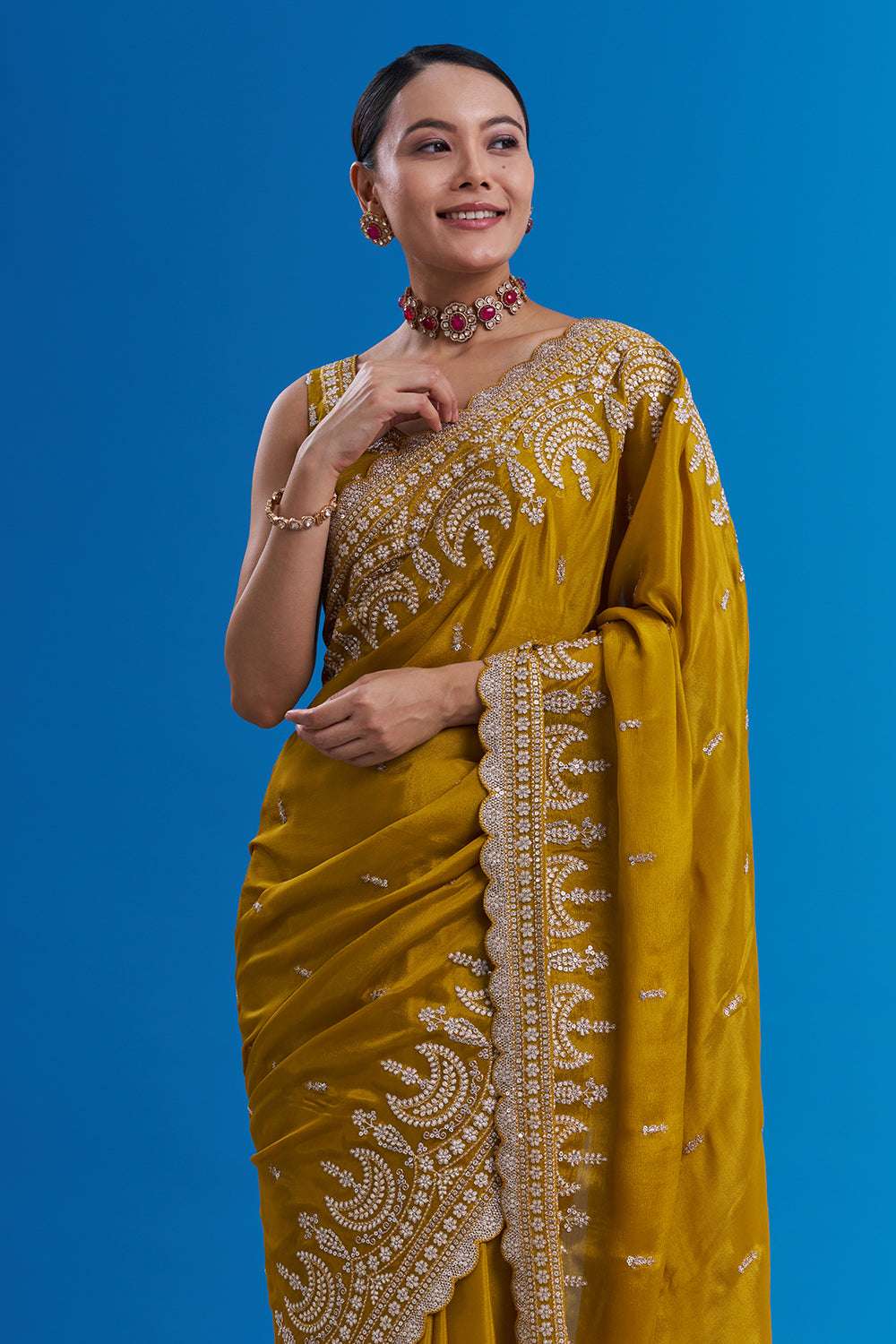 Mustard Yellow Pure Chiffon Saree with Sequin Embroidery And Stitched Blouse