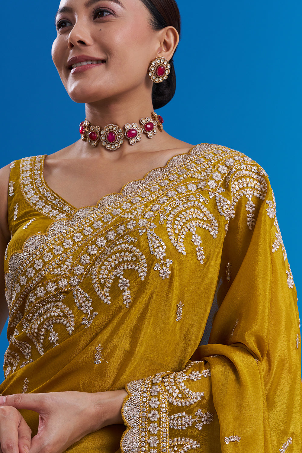 Mustard Yellow Pure Chiffon Saree with Sequin Embroidery And Stitched Blouse