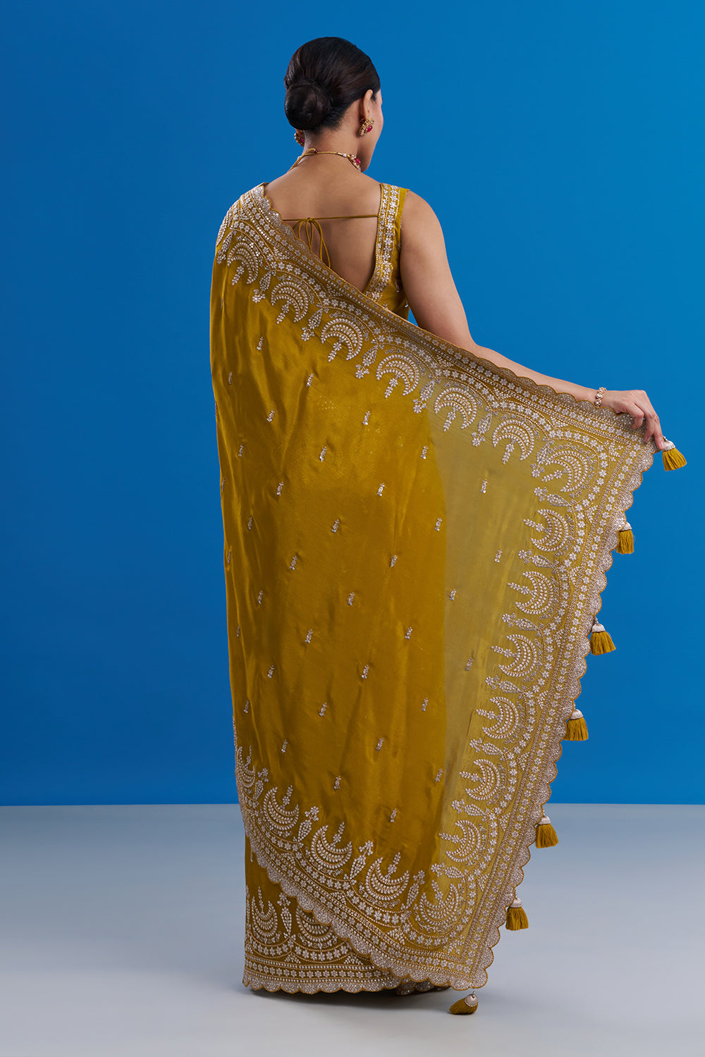 Mustard Yellow Pure Chiffon Saree with Sequin Embroidery And Stitched Blouse