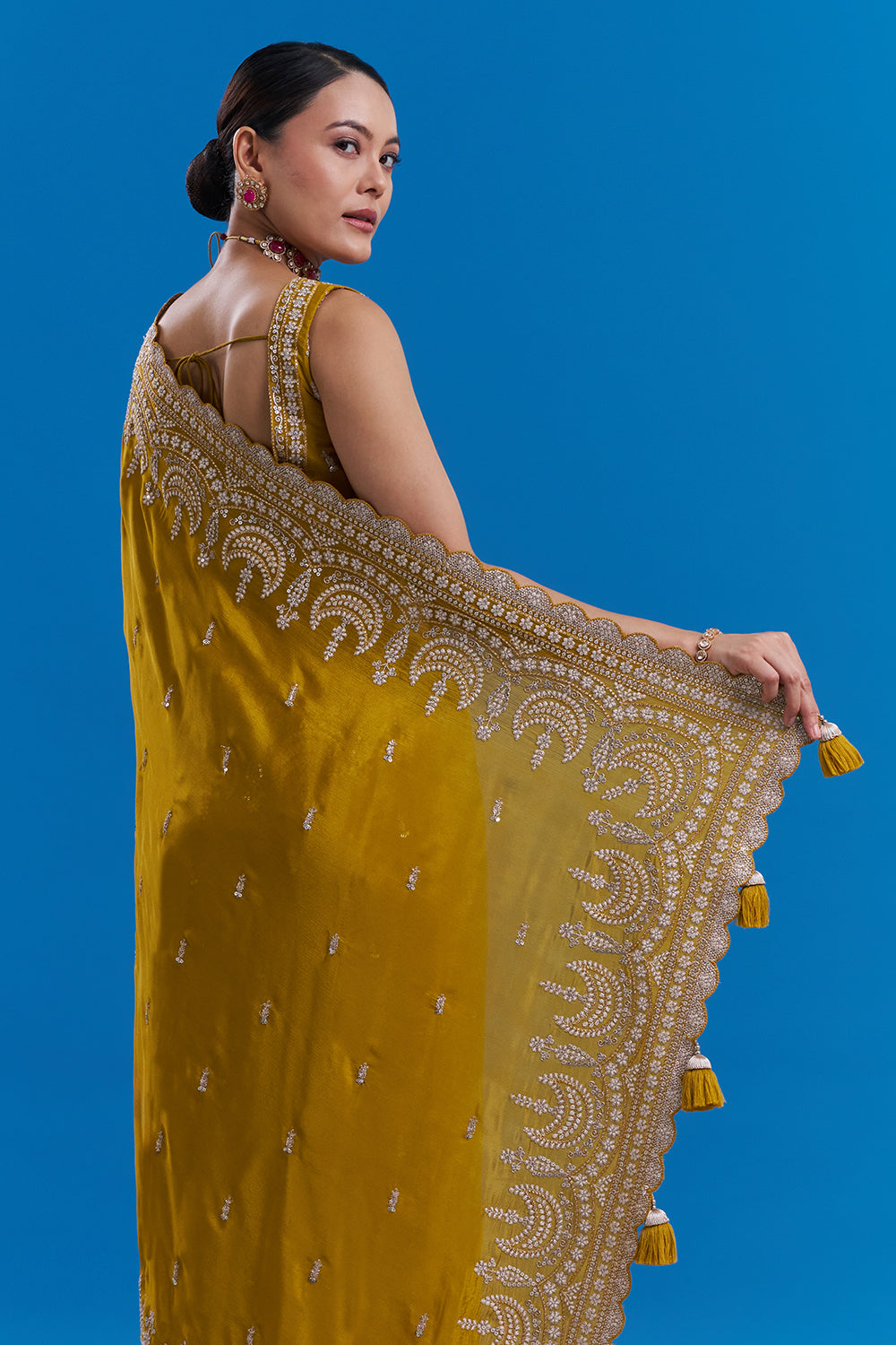 Mustard Yellow Pure Chiffon Saree with Sequin Embroidery And Stitched Blouse