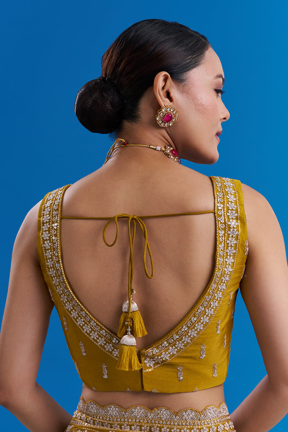 Mustard Yellow Pure Chiffon Saree with Sequin Embroidery And Stitched Blouse